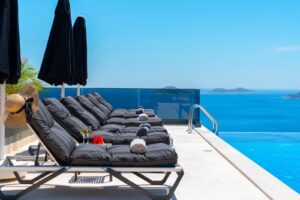 Private infinity pool overlooking Kalkan Bay in luxury rental home