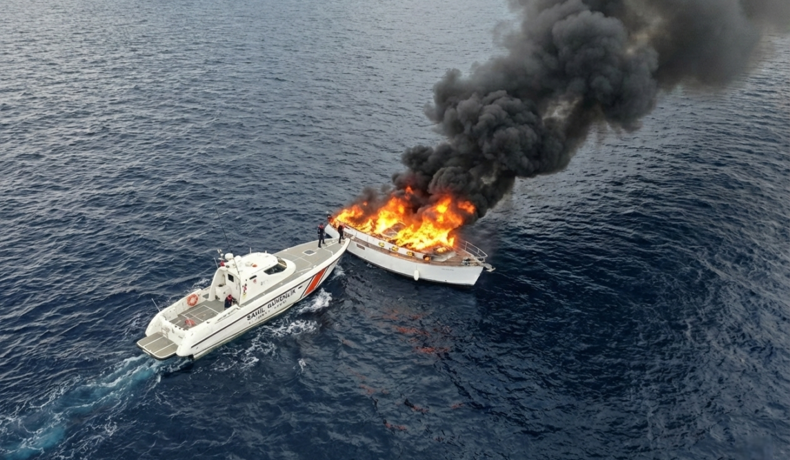 Luxury Yacht Catches Fire off Kalkan Coast, Captain Rescued