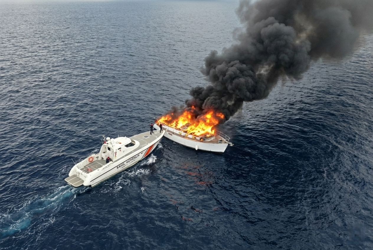 Luxury Yacht Catches Fire off Kalkan Coast, Captain Rescued