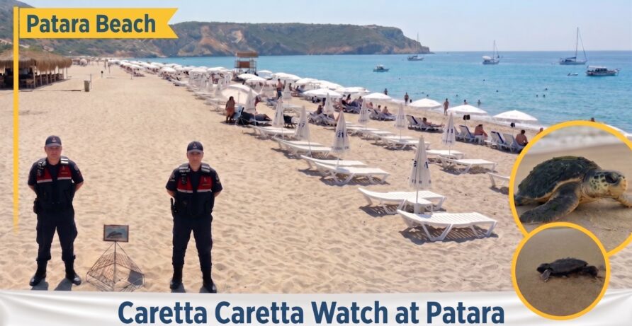 Caretta Caretta Watch at Patara Beach - Go Kalkan Two uniformed officers stand on a sunny Patara Beach with beach chairs and umbrellas and a sign reading 'Patara Beach'.