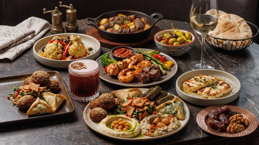 Kalkan restaurants-Turkish dish - Go Kalkan A large Mediterranean feast laid out on a marble table, featuring hummus, kebabs and shrimp, olives, pita bread, pastries, and a glass of white wine.