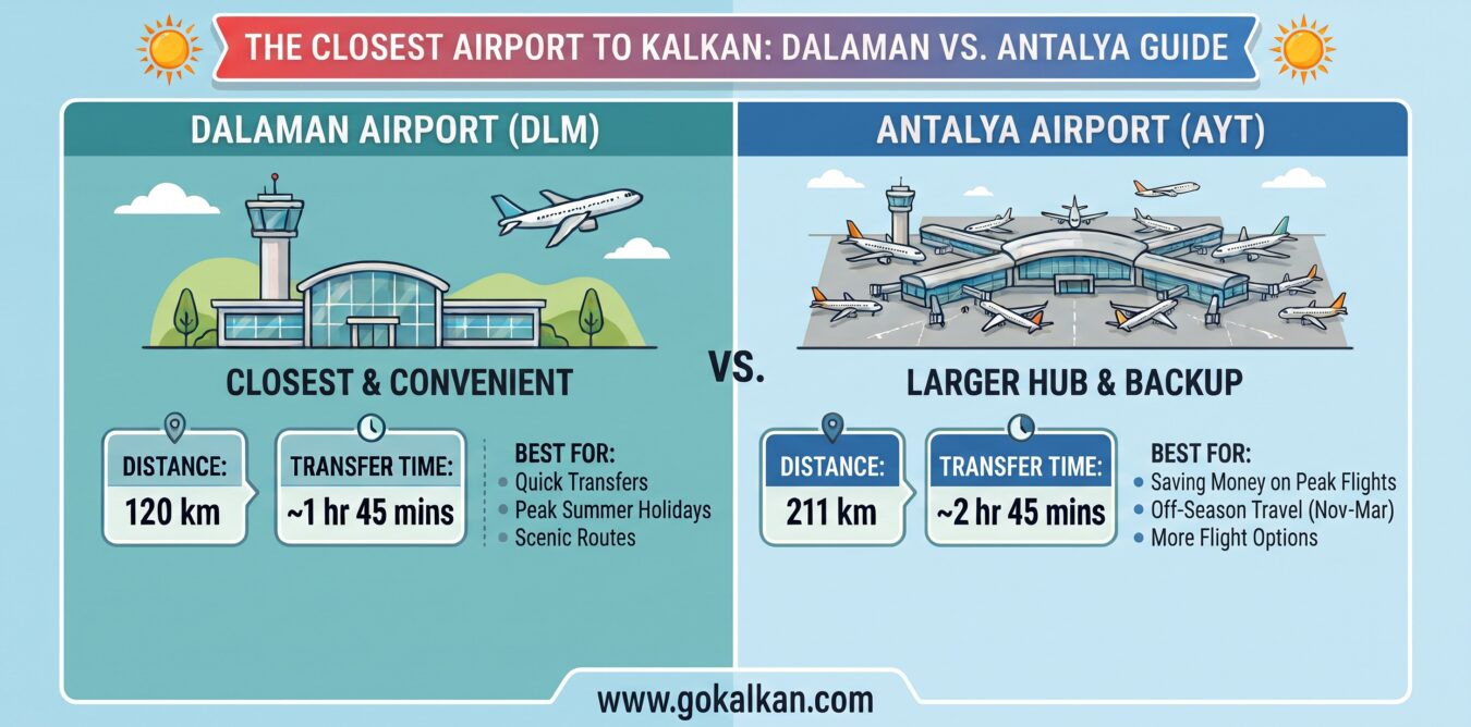 Infographic comparing Dalaman Airport (DLM) and Antalya Airport (AYT): DLM shown as closer and convenient with a small terminal; AYT as a larger hub with many planes and more facilities.